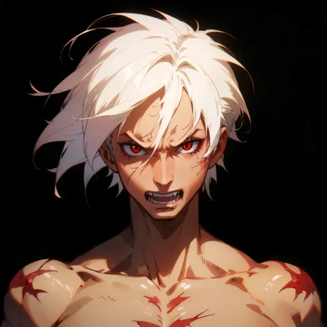 High quality, Ultra detailed, Shirtless man, Head facing the camera, Ultra photo realistic, Red eyes, White hair, standing, scar on the nose, fangs in the teeth, black background 