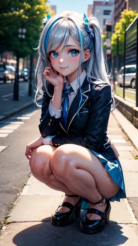 Random preview, Tiro de corpo inteiro, anime, Estilo Anime Mulher Realista, (Blue-eyed Hungarian),  de 18 anos, ((blazer cinza, Amor, mini saia plissada azul marinho, Meias)), na rua, poste, water puddle, pessoas ao fundo, lojas, carros, chuva, guarda chuv...