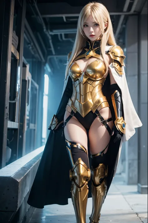 1girl,charming Russian model Nata Lee, light blonde hair, moyou, full body, cyborg, cyberpunk, cyber golden armor with cape, ice angel.