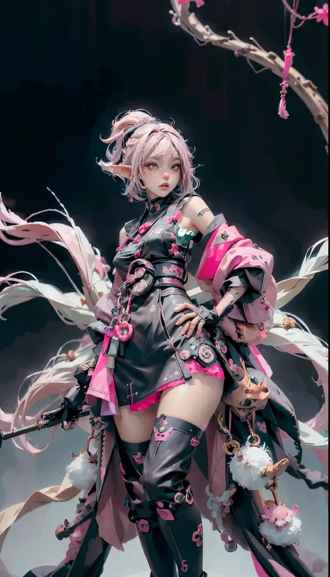 Anime woman character, whole body, Permanently installed, ((design sketches)), (masterpiece),  (Original design), Image of a beautiful elf woman with short pink hair, Wearing antique black japanese kimono &amp;, Toy, Wearing black gloves on each hand, Blac...