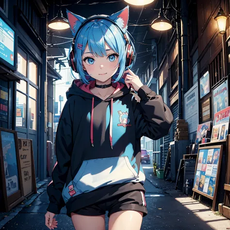 (masterpiece), (highest quality), (illustration), (super detailed), (high resolution), absurdity, one girl, smile, short hair, hair clip, (hoodie with cat ears), wearing a headphone, moe sleeves, blush, black shorts, (light blue haired), (tattoo of the num...