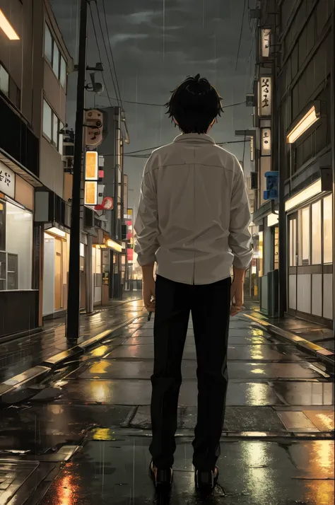 masterpiece,best quality,1boy,solo,looking at viewer,Late night, Tokyo, deserted street, distant view, background, loneliness, rain, street lights, weak light,