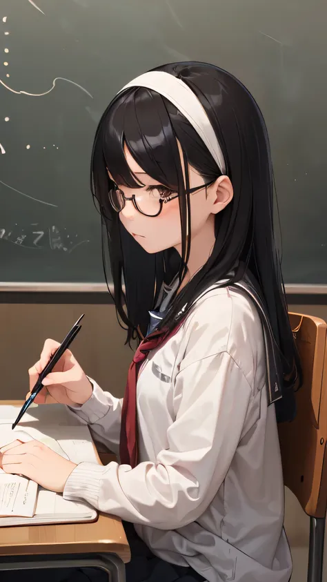 ((((School、During class、classroom)))、、middle School girls、((((((sitting on a chair and taking a class、I have a pen、Notebooks and textbooks、)))))(((serious face、Looking ahead、slender body)))、、low length、((((((Eyes hidden by long bangs:1.2))))))、((([(freckle...