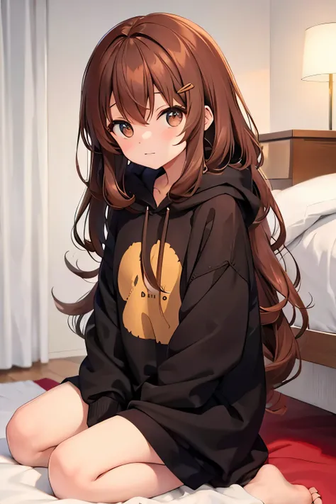 long hair, brown hair, curly hair, oversized hoodie, winter, barefoot, Bedroom, cold