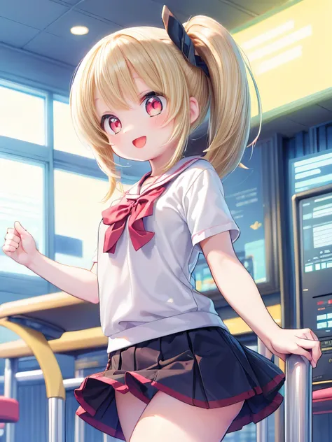 (masterpiece:1.2) , (best quality:1.2) , (ultra-detailed:1.2), 2.5D,extremely detailed,anime,girl,blonde hair,side ponytail,BREAK,red eyes,BREAK,school gym,BREAK,gmy shirt,(gmy buruma:1.4) ,action,comeltoe,smile,:d