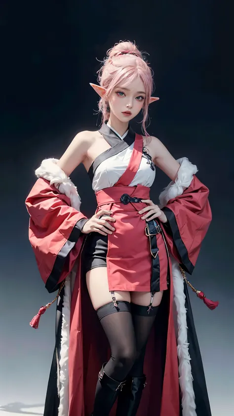 Anime woman character, whole body, Permanently installed, ((design sketches)), (masterpiece),  (Original design), Image of a beautiful elf woman with short pink hair, Wearing antique black japanese kimono &amp;, Toy, Wearing black gloves on each hand, Blac...