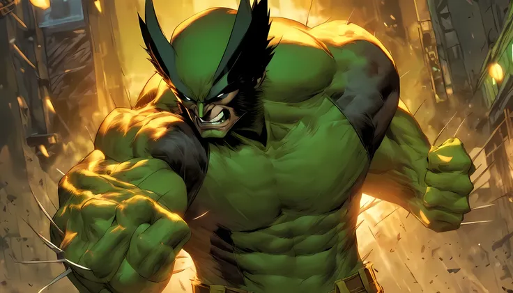 wolverine but have green skin color and muscular body like hulk, standing pose, full-body illustration