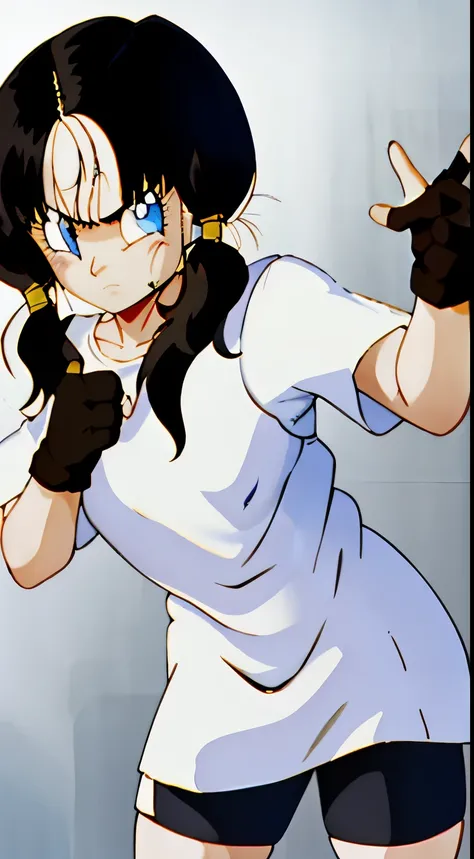 Saw 2, alone, blue eyes, black hair, twin tails, black gloves, bicycle_shorts, bangs, white shirt, badge,medium breasts, cowboy shot, frown, put your hand on your waist, leaning forward, point to the viewer,