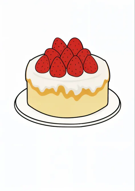 there is a cake with strawberries on top of it, strawberry, cake, whipped cream on top, Made with illustrator, birthday cake, pastry, cream, dessert, cakes, 旁边是切片strawberry, raspberry, Lovely:2, fruit tart, wide angle panorama, serve on a plate, clean cel ...