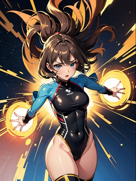 masterpiece, best quality, 1girl, superhero, two-tone leotard, bare legs, knee boots, matching boots, heroic, standing, body infused with energy, light particles, solo, single, cowboy shot, perfect anatomy, brown hair, beautiful detailed eyes, spread arms,...