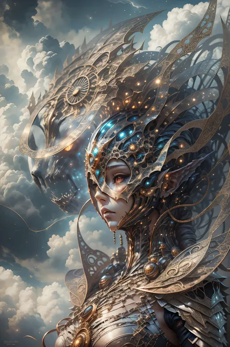 best quality, masterpiece, Very detailed, perfect lighting，fantastic style，cloud，Miss，Mysterious mask，dress nicely，armor，Surrealism， light and space