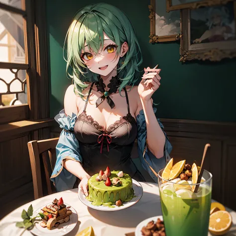 There is a woman sitting at the table，Holding a plate of dessert in hand, mikudayo, ❤🔥🍄🌪, 🪔 🎨;🌞🌄, 🐿🍸🍋, Loputin and matcha, Belle Defin, happy!!!, Akasaka Zaijo, 8k)), Chiho