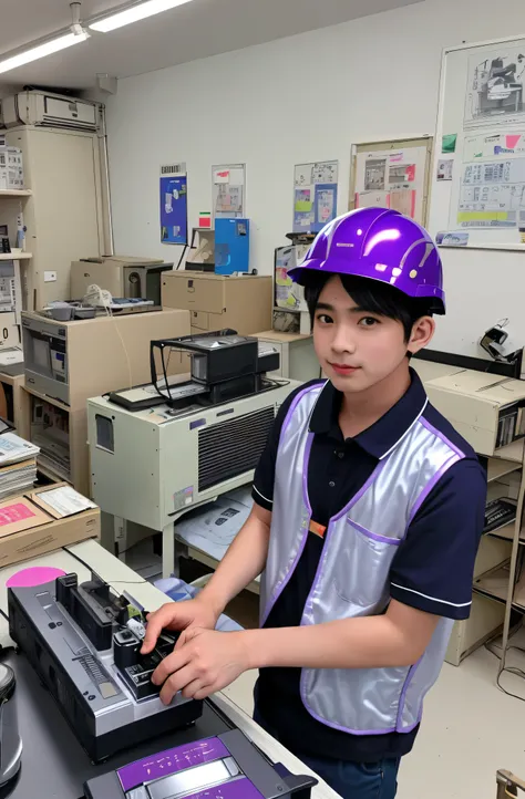 smile、factory、1 boy、10th generation、work、High school student part-time job、data recorder、silver disc、purple record player、Cassette Deck、indirect lighting、Helmet、Work clothes、cigarette、small room