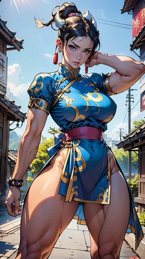 Create a hyper-realistic masterpiece, sexy realistic body, (Chun-Li), cinematic, photorealistic, photogenic, Goddess of beauty, she is adorable, has well-shaped lips, light honey eyes, martial arts fighter expression. She is known for her classic and grace...