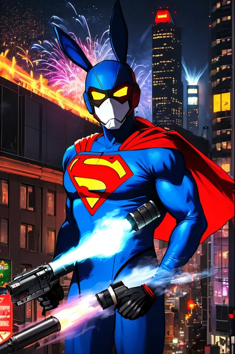 (best quality,highres),apex thug wearing a bunny mask and superman costume,2 bazookas,5 stars flashing above him,video game burning city,night view,gritty and realistic,explosions and smoke,city skyline,flickering neon lights,dynamic action,street chaos in...