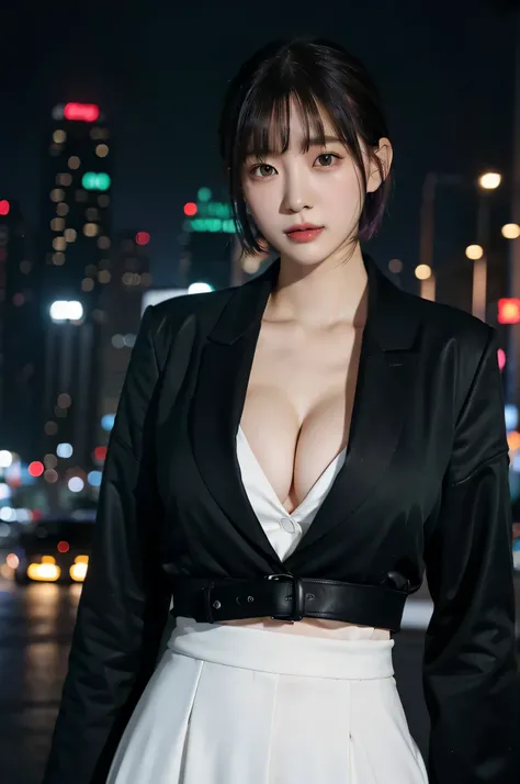 korean 1 girl, focus only, tall woman, short hair, colorful hair, green eyes, eyes like jewels, medium breasts, black coat, white shirt, accessories, urban background, future city, night, rain, Looks grumpy), ((cleavage))
