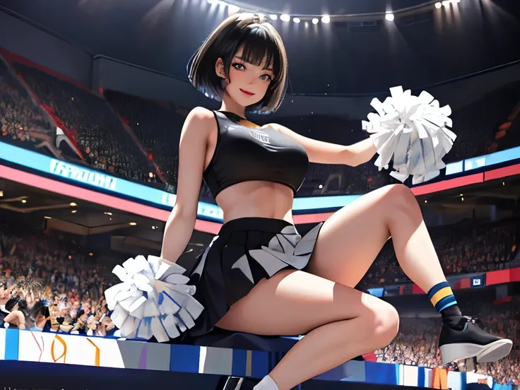 (masterpiece:1.2, best quality), (1lady, solo, full body:1.2), clothing: short top, skirt Accessories: Cheerleaders Hair: black shoulder-length short hair Makeup: Natural, glowing skin, behavior: relaxed, carefree, free-spirited, smiling Location: Stadium,...