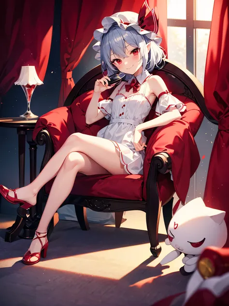 chibi, remilia scarlet, dark room, plush chair, crossed legs, holding wine cup, scowling smile, wine bottle on side table, flat ...