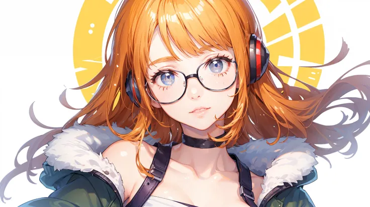 masutepiece, best quality, hight resolution, 1girl in, futaba sakura, blunt bangs, eye glassesの,purple eyes、紫色の瞳 , ahoge,orange ...