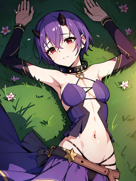 Purple hair, short hair, red eyes, purple dress, black tights, collar, slender, small breasts, young girl, high quality solo, cowboy shot, lying, on back, on grass, spread arms, shy smile, arms up, 