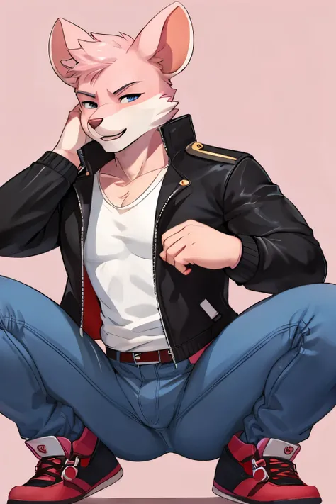 MALE pink mouse furry squat pose salivating sexy squating jeans and jacket
