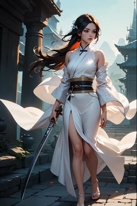 a close up of a woman with a sword in a white dress, a character portrait by Yang J, trending on cgsociety, fantasy art, beautiful character painting, artwork in the style of guweiz, guweiz, white hanfu, flowing white robes, full body wuxia, epic exquisite...