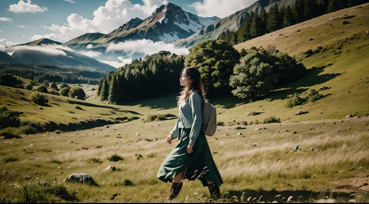 In an outdoor scene, green field of grass, mountains, blue sky, white cloud, a beautiful druid walking casually on the field, detailed face, detailed skin, detailed texture, detailed environment, realistic, photorealisitc, 8K, UHD, wide-angle shot, candid ...