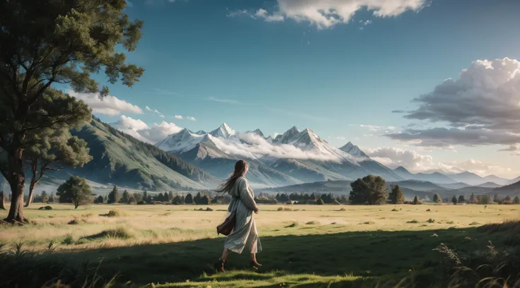 In an outdoor scene, green field of grass, mountains, blue sky, white cloud, a beautiful druid walking casually on the field, detailed face, detailed skin, detailed texture, detailed environment, realistic, photorealisitc, 8K, UHD, wide-angle shot, candid ...