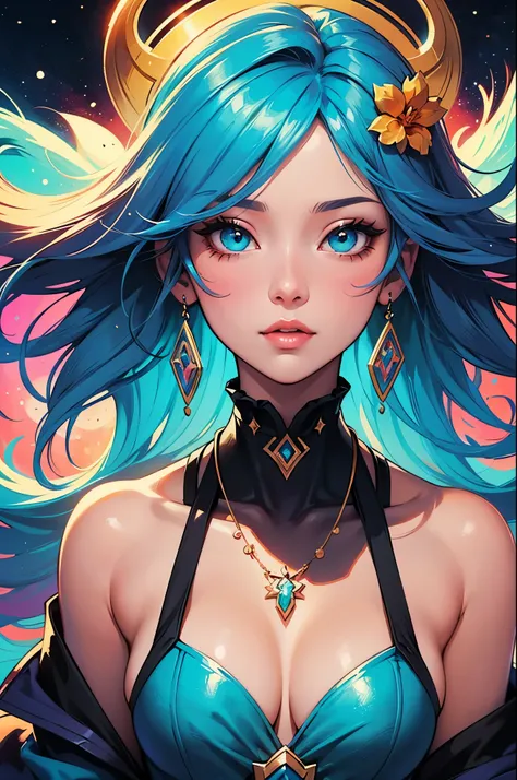 Close-up of a woman with colorful hair and necklace, anime girl with cosmic hair, Rossdraws soft vibrancy, Gouviz style artwork, fantasy art style, colorful], vibrant fantasy style, Rossdraws cartoon full of vitality, cosmic and colorful, Guweiz, colorful ...