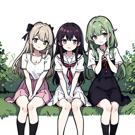 three anime girls sitting on grass with their legs crossed, infp girl, pixiv style, inspired by Ib Eisner, infp young woman, pixiv, in anime style, at pixiv, ddlc, anime visual style, anime asthetic, ig studios anime style, trending on pixiv, top rated on ...