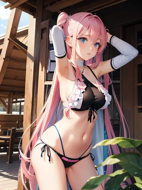 pink long hair、medium breasts、pale blue eyes、erotic swimsuit、beach、Check swimsuit、arms up