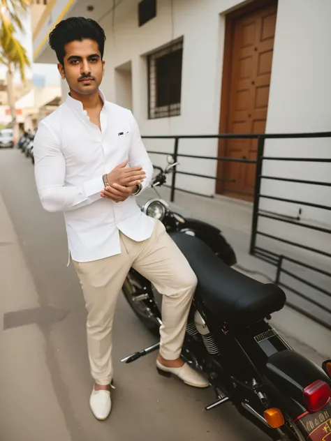 there is a man standing next to a motorcycle on the street, full body photogenic shot, stylish pose, candid picture, without helmet, taken with sony alpha 9, thought provoking, dressed in a jodhpuri suit, full body picture, very artistic pose, wearing whit...