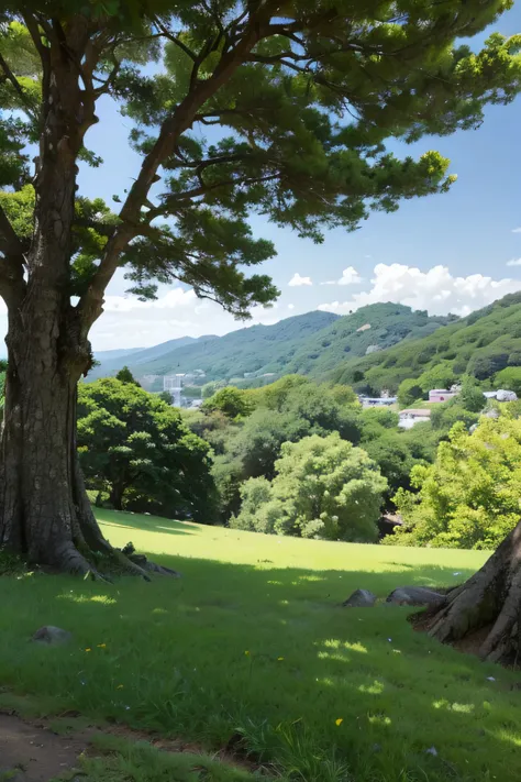 a landscape picture of a hill, with the focus on a lush tree on the right side of the picture. The weather is clear, and the style of the picture should resemble the artwork found in anime