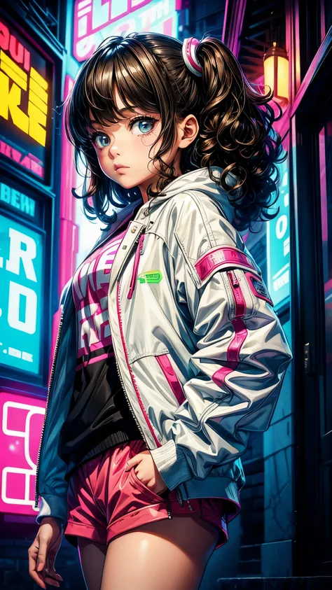 girl, teenager, brunette, CURLY hair, white jacket with neon details, cartoon, anime