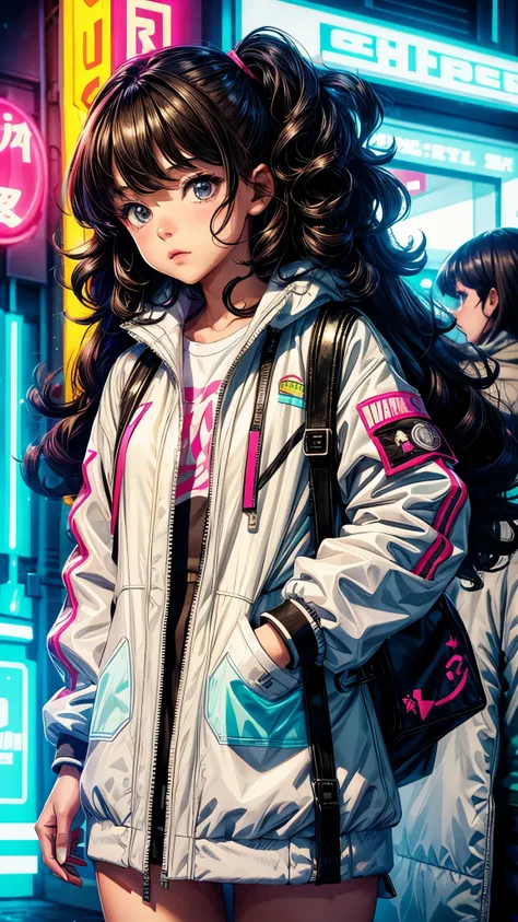 girl, teenager, brunette, CURLY hair, white jacket with neon details, cartoon, anime