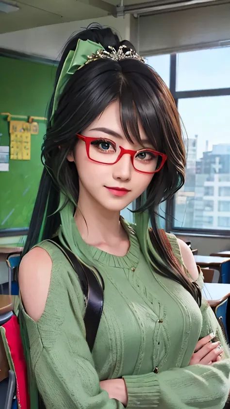 ((1 girl in)), ((best quality)), (Super detailed), (Extremely detailed CG unified 8k wallpaper), Very detailed, HD original color photos, Professional photography, Long ponytail hairstyle，Black hair and green hair, Good-looking hair accessories, Eye color ...