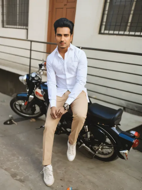 there is a man sitting on a motorcycle in front of a building, stylish pose, without helmet, very artistic pose, taken with sony alpha 9, full body photogenic shot, dressed in a jodhpuri suit, with a cool pose, cool pose, inspired by Saurabh Jethani, hands...