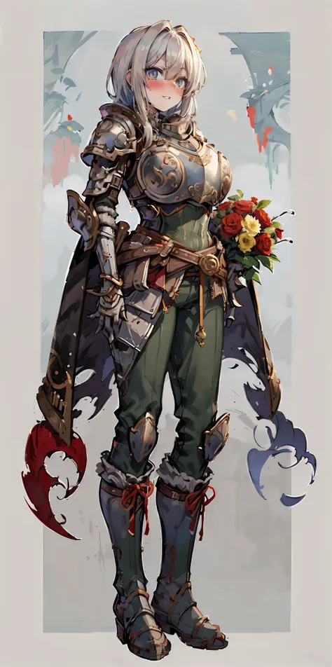 female full body wearing medieval armor, red corset, silver breastplate, blue and black cloak, green pants, striped pantyhose, sharpteeth, full body standing symmetrical lustful smirking smile face (red blush), holding a bouquet of flowers with both hands,...