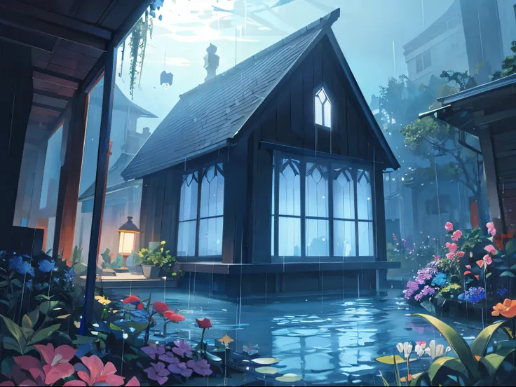 raining garden house, under water, no human, bubbles