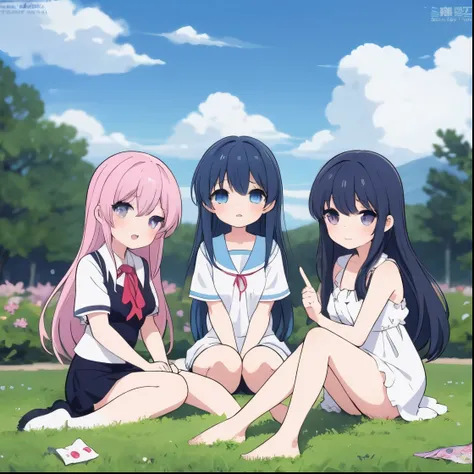 three anime girls sitting on a grass with their legs crossed, infp girl, pixiv style, inspired by Ib Eisner, infp young woman, pixiv, in anime style, at pixiv, ddlc, anime visual style, anime asthetic, ig studios anime style, trending on pixiv, top rated o...