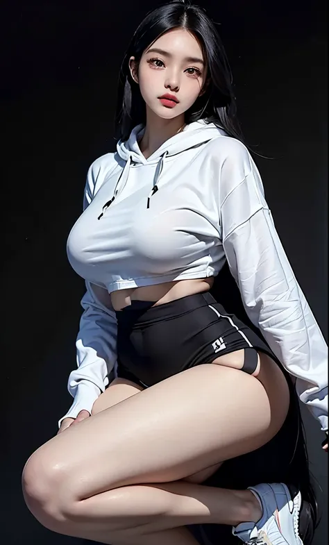 (masterpiece, actual, high resolution), (1 girl): 1.2), Korean, ((long black hair): 1.3), (heterochromatic eyes: 1.1, thick eyebrows,), (Cropped white hoodie, black sports shorts), (big breasts): 1.2, small waist, thigh), Protruding the legs