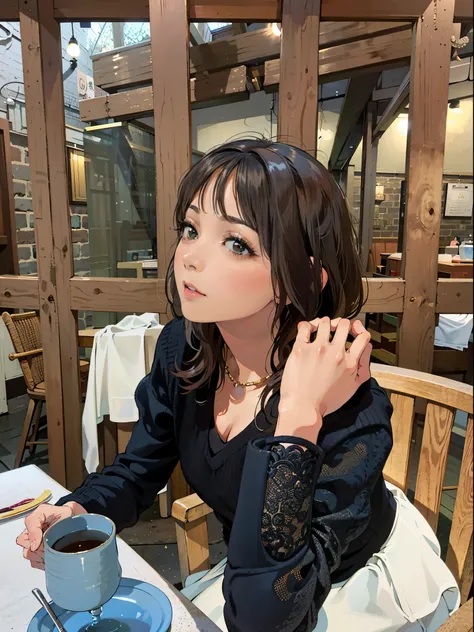 There is a woman sitting at a table drinking tea, with short hair, gorgeous young korean woman, beautiful young korean woman, young adorable korean face, beautiful korean woman, Ulzzang, neat hair with bangs, Choi Hong Hwa, korean girl, 🤤 girl portrait, Na...