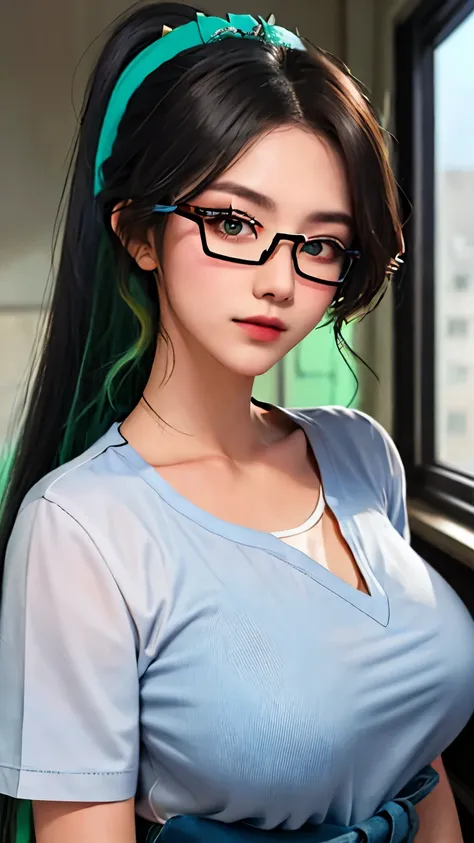 female classmate，single eyelid，14 years old，height 168 cm，long ponytail hairstyle，black hair and green hair, good-looking hair a...