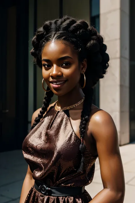 hyper realistic, realistic image,  with afro, a black lady  with long curly hair, mid shot portrait, perfectly centered portrait, long afro hair, smiling young woman in a luxury dress standing outside of a building, a portrait visual art, black teenage gir...