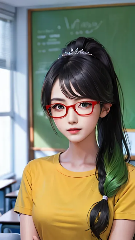 female classmate，single eyelid，14 years old，Height 168 cm，Long ponytail hairstyle，Black hair and green hair, Good-looking hair accessories, Eye color is light green,Wearing red glasses，Fine-rimmed glasses，White skin，White short sleeves，Medium chest，virtuou...