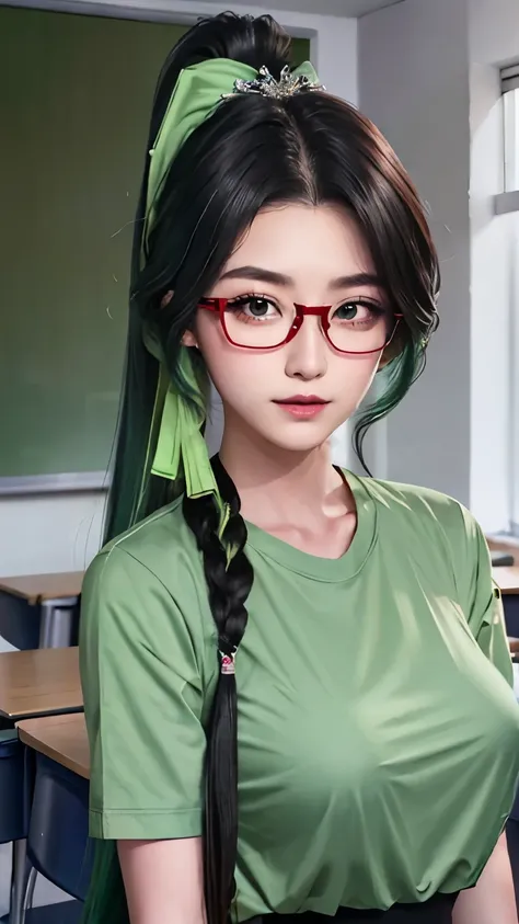 female classmate，single eyelid，14 years old，Height 168 cm，Long ponytail hairstyle，Black hair and green hair, Good-looking hair accessories, Eye color is light green,Wearing red glasses，Fine-rimmed glasses，White skin，White short sleeves，No underwear，Big bre...