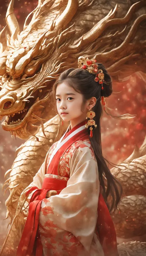 Children Photography,high angle,whole body,Girl wearing Hanfu next to the dragon,8 year-old,Wearing earrings and delicate hairpins,Chinese culture theme style,Fluid photography,8k resolution,hazy atmosphere,exquisite clothing,Ferania p30,light gold and red...