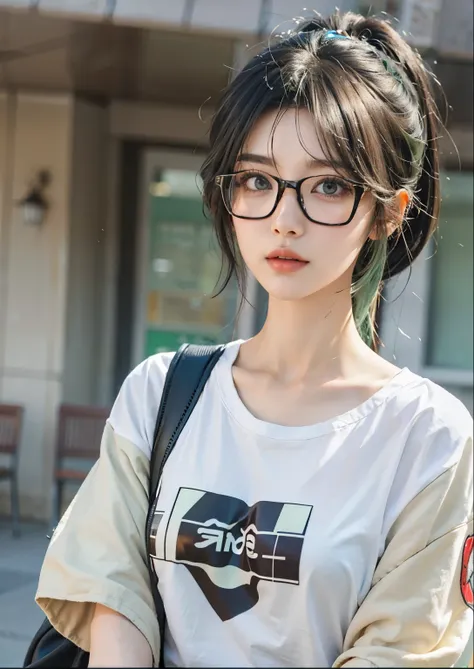 long ponytail hairstyle，black hair and green hair, good-looking hair accessories, eye color is light green,wearing red glasses，f...