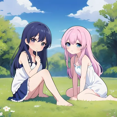 three anime girls sitting on the grass with their legs crossed, infp girl, pixiv style, inspired by Ib Eisner, infp young woman, pixiv, in anime style, at pixiv, ddlc, anime visual style, anime asthetic, ig studios anime style, trending on pixiv, top rated...