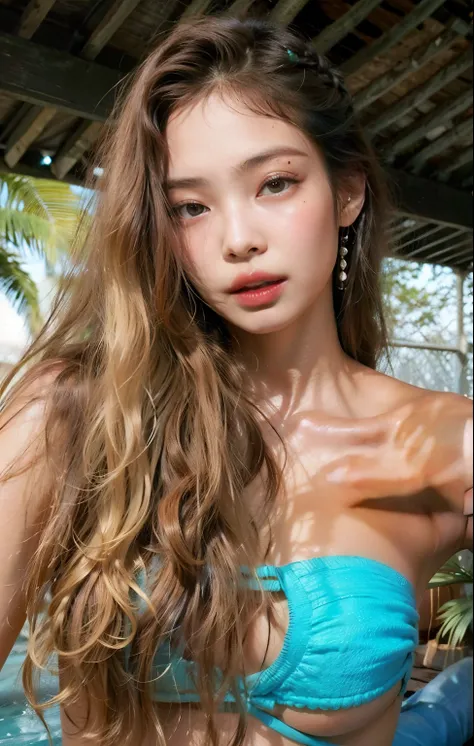 Jennie perky woman with long hair wearing a blue bikini, sem maquiagem cabelos cacheados, Retrato de Sophie Mudd, linda mulher mexicana bronzeada, parece a Laura Barriales, Mulher de 30 anos de Cuba, Ele concorda, Violeta Myers, pele verde-oliva, lindo ros...